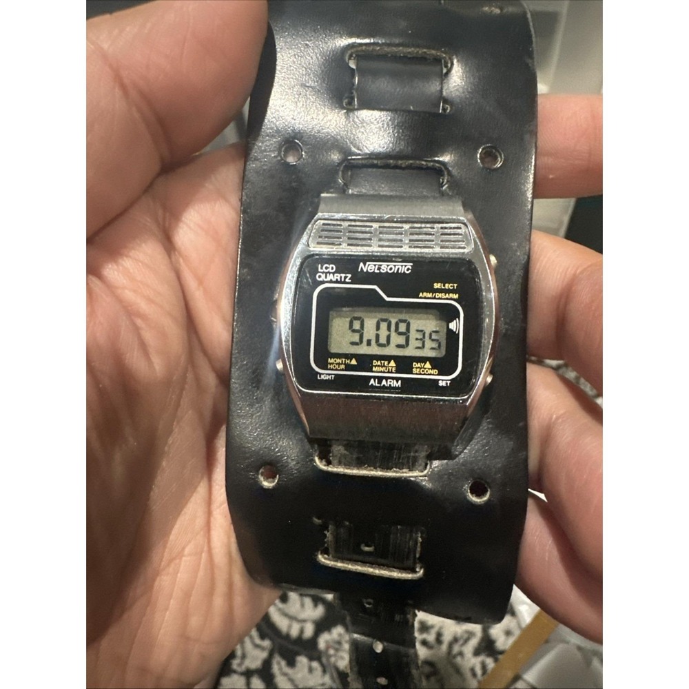 Working Vintage Nelsonic Quartz Watch Men Silver Alarm LCD Digital 34mm All Work